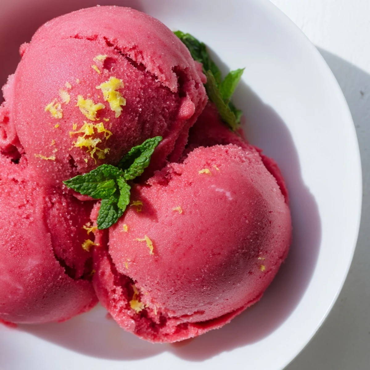Perfectly frozen Pink Raspberry Lemonade Sorbet with Mint served in clear glasses with lemon slices on the side.