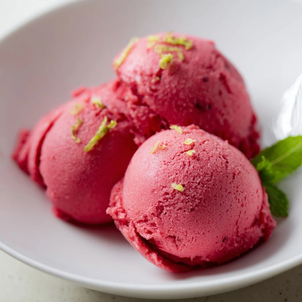 Spoon lifting a creamy scoop of Pink Raspberry Lemonade Sorbet with Mint, showing vibrant berry and citrus texture.