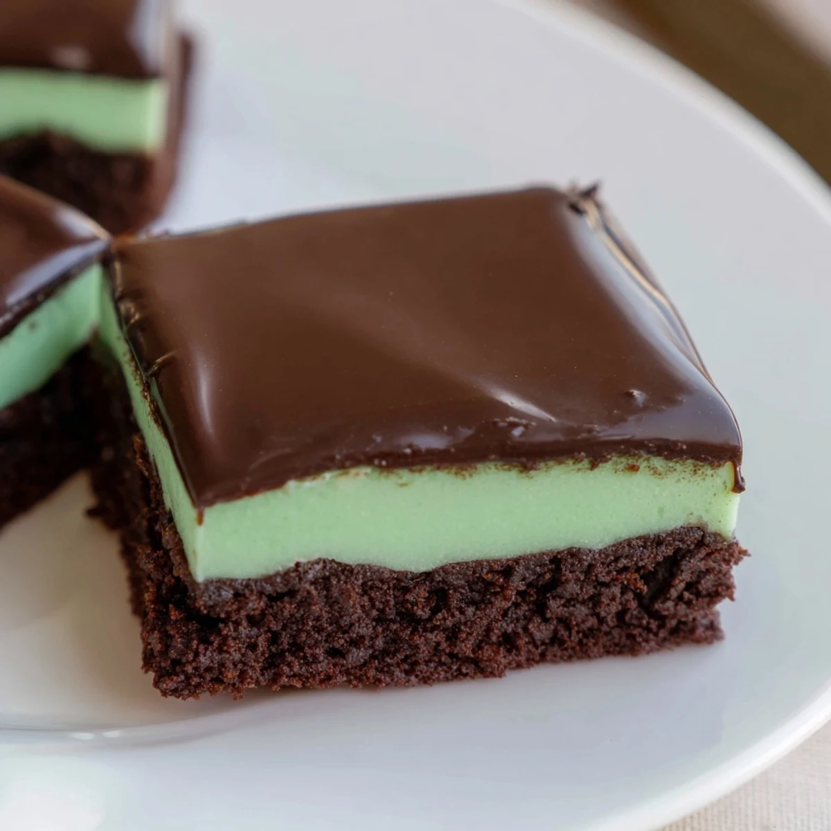 Cool Shamrock Mint Brownies with Chocolate Ganache on a white plate with vibrant green mint filling and glossy chocolate top.