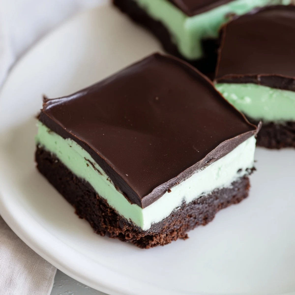 Freshly cut Shamrock Mint Brownies with Chocolate Ganache served with mint leaves and chocolate shavings on a rustic board.