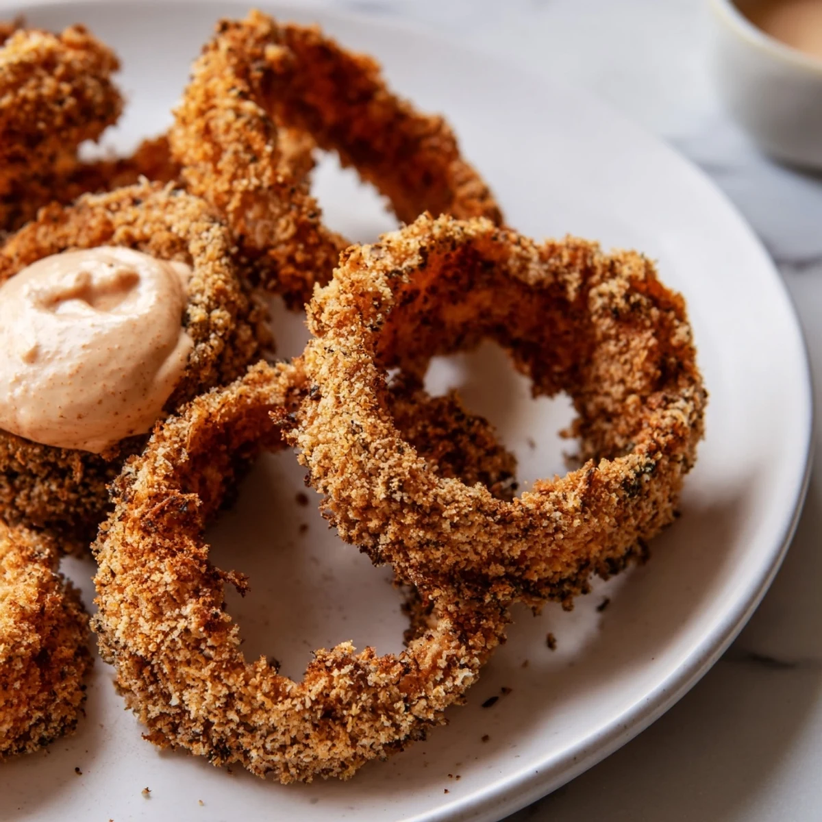 Golden Crispy Air Fryer Onion Rings with Chipotle Mayo stacked high beside a creamy dip for snacking.