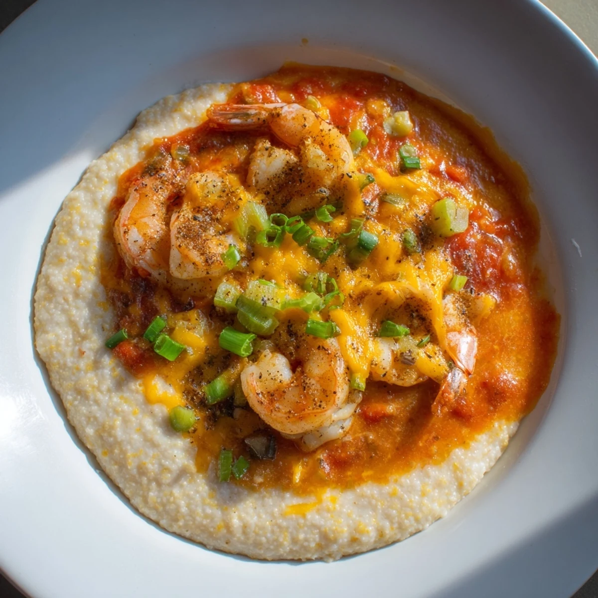 Creamy stone-ground grits topped with succulent Creole Shrimp and Grits smothered in a spicy tomato gravy.