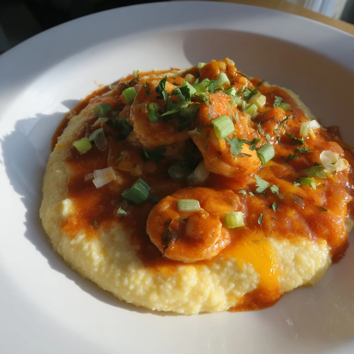 Hearty Creole Shrimp and Grits served in a rustic bowl, garnished with fresh parsley and green onions.