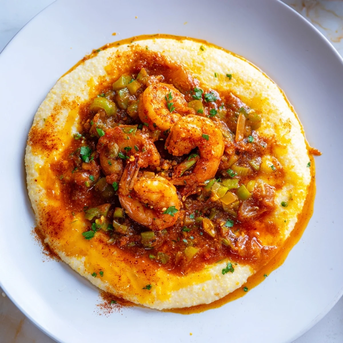 Sizzling skillet of Creole Shrimp and Grits featuring plump shrimp and rich, smoky tomato gravy.