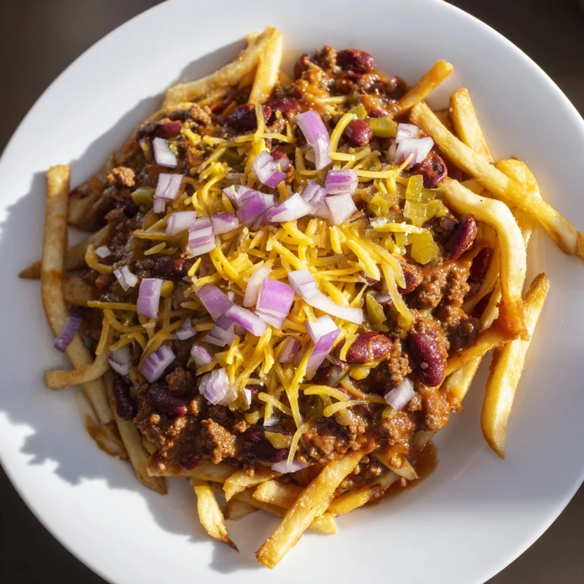 Golden crispy fries loaded with savory beef chili, melted cheddar, and red onions, served hot and bubbling.