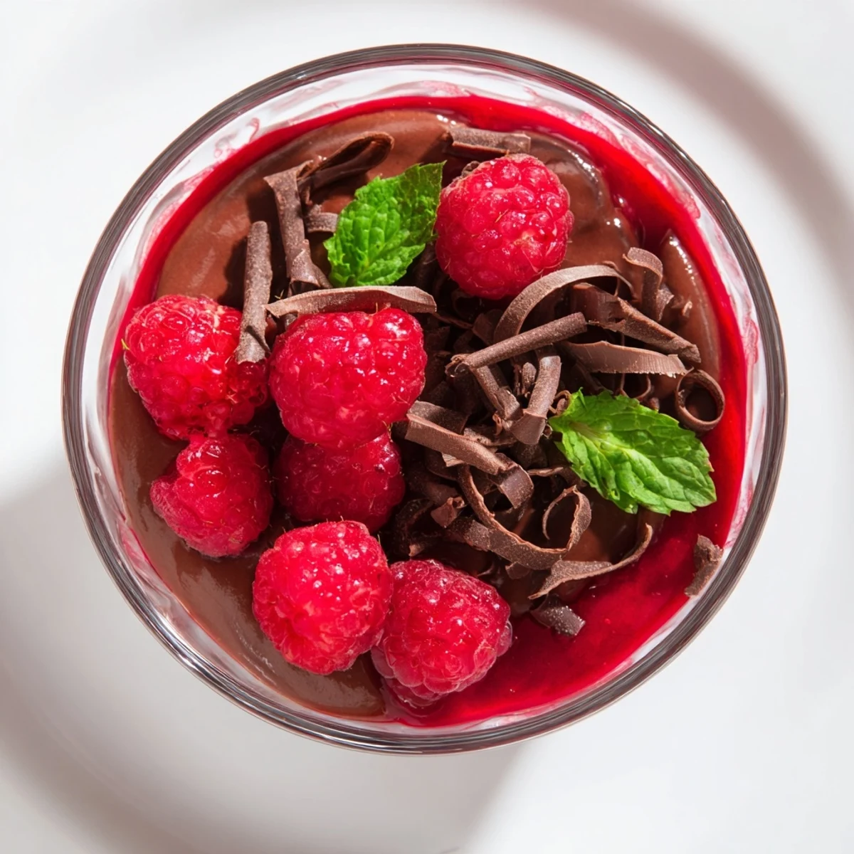 Chocolate Mousse with Fresh Raspberry Coulis layered in a glass, garnished with mint and chocolate curls.