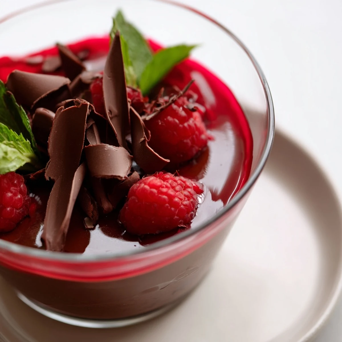 Rich Chocolate Mousse with Fresh Raspberry Coulis and berries on a dark slate plate.
