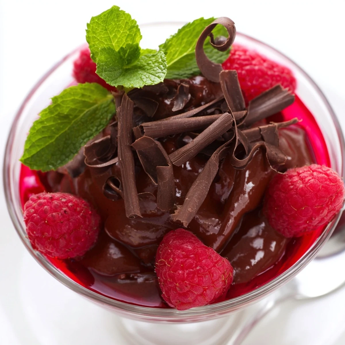 A close-up view of Chocolate Mousse with Fresh Raspberry Coulis drizzled over the top.