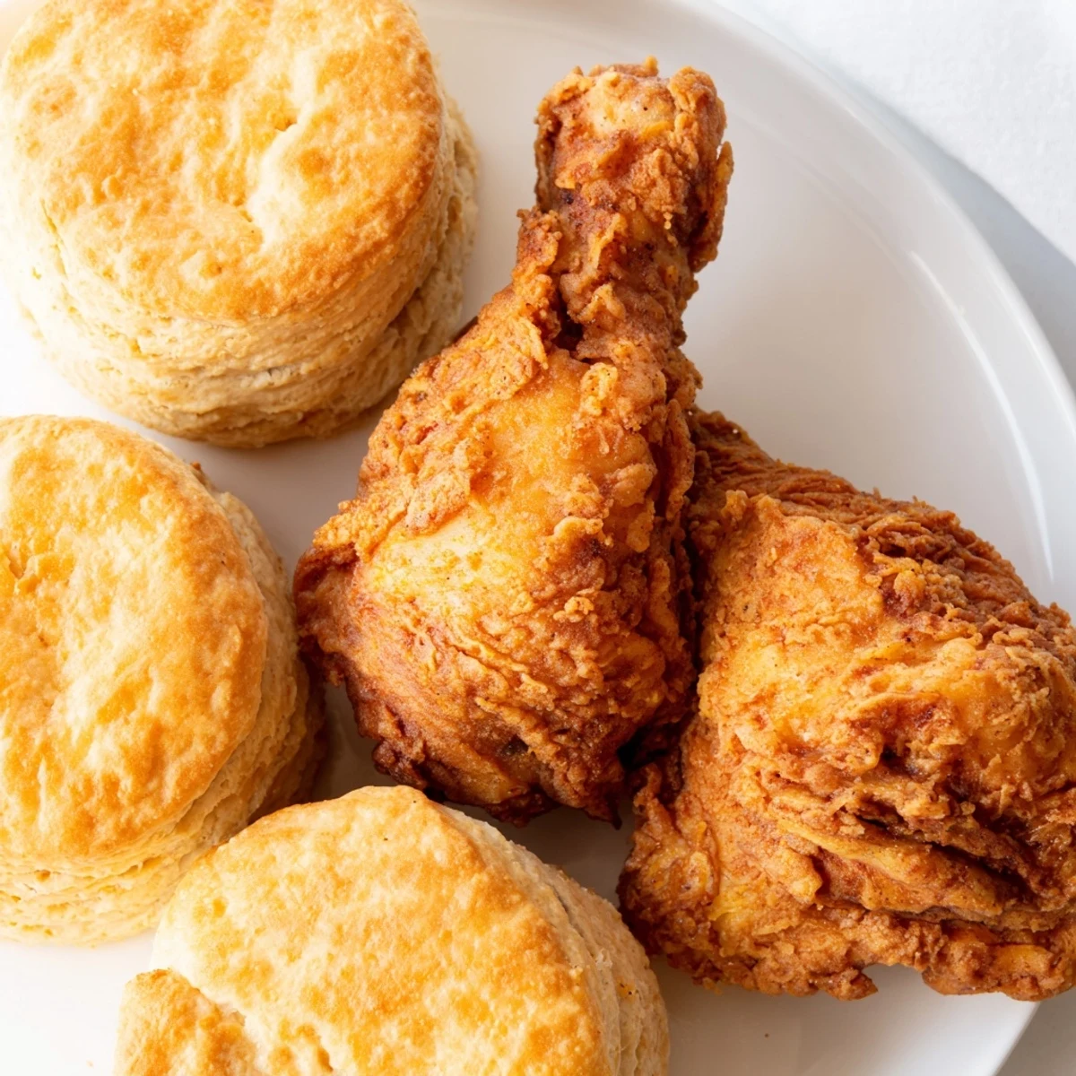 Golden-brown Southern Fried Chicken with Buttermilk Biscuits served hot on a rustic plate with honey butter.