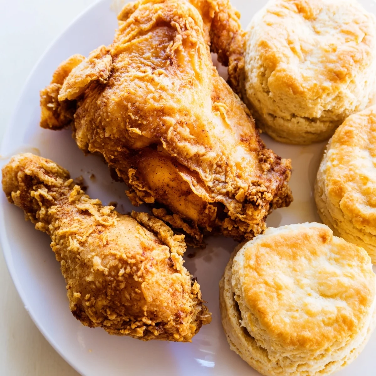 Freshly baked Buttermilk Biscuits sit beside crispy Southern Fried Chicken for a classic comfort meal.