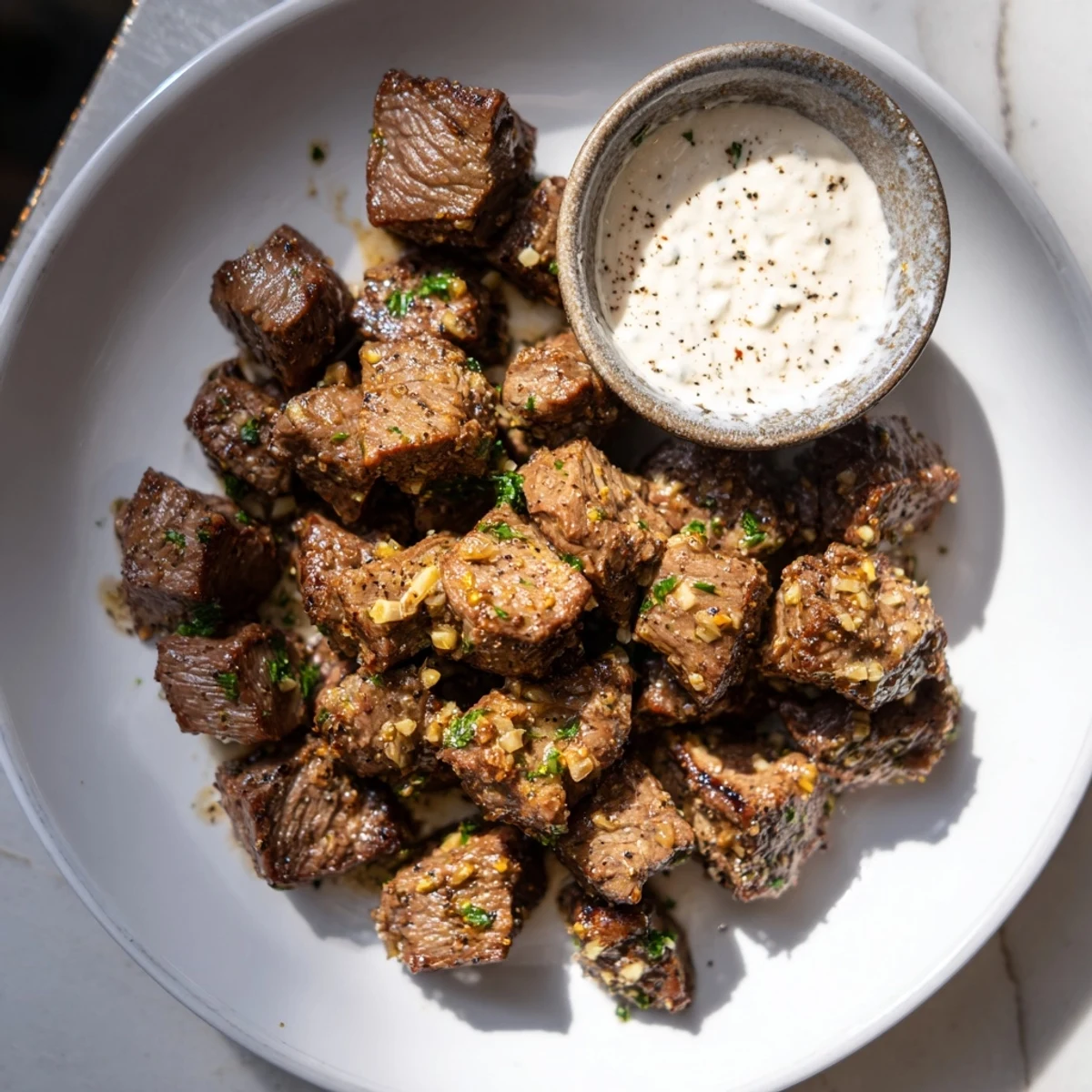 Golden-brown Garlic Butter Steak Bites arranged on a platter with a side of creamy horseradish dip, garnished with fresh parsley.