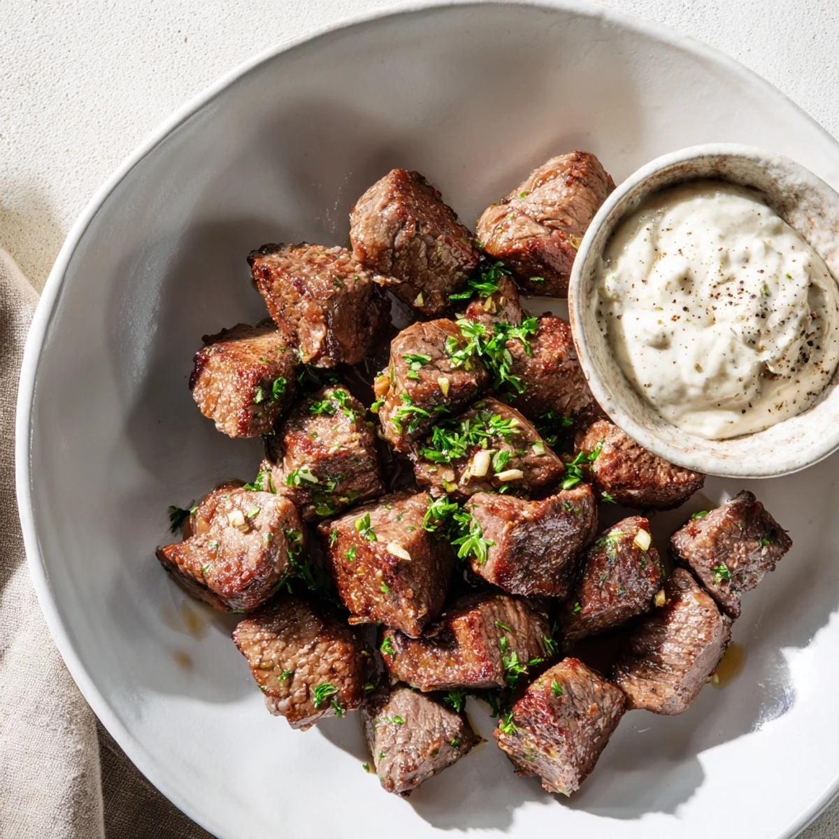 A close-up of tender Garlic Butter Steak Bites topped with a dollop of zesty horseradish cream sauce and chopped parsley.