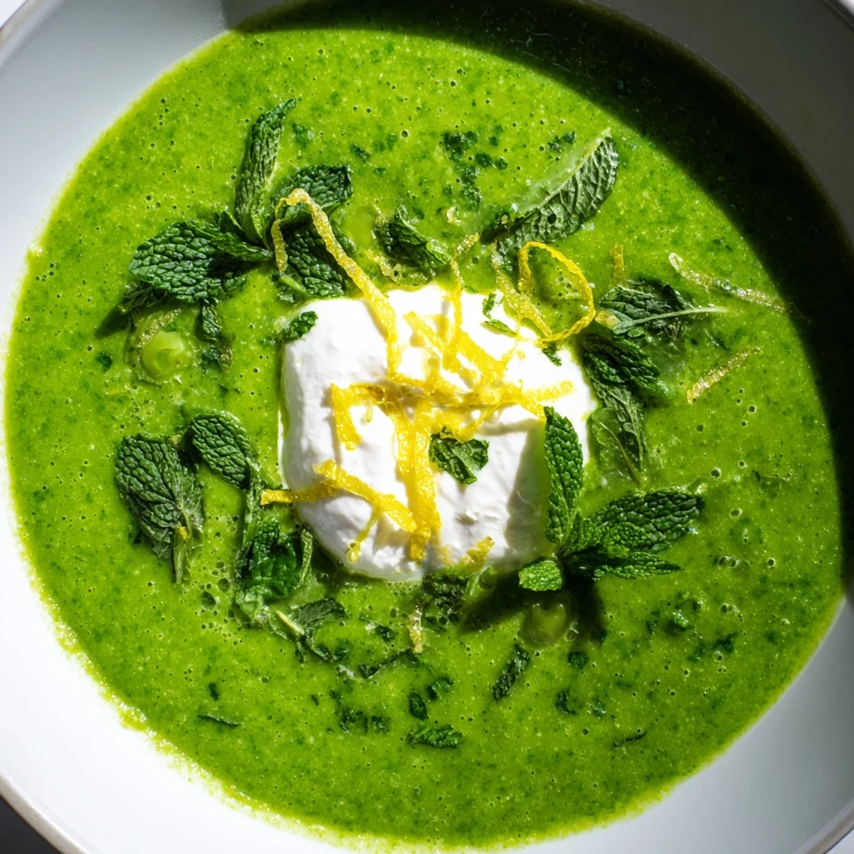 A close-up of Spring Pea Soup with Mint and Crème Fraîche, showcasing its smooth texture and a swirl of crème fraîche on top.