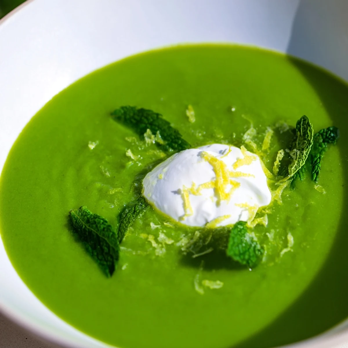 Bright green Spring Pea Soup with Mint and Crème Fraîche poured into a white bowl, garnished with fresh mint and a dollop of tangy cream.