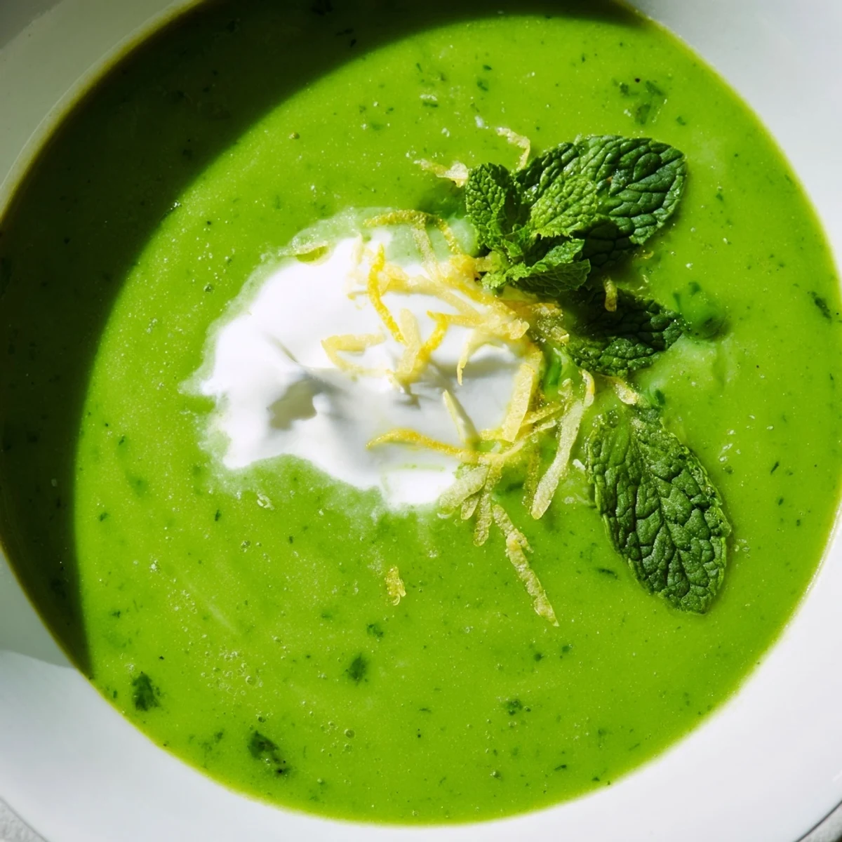 Spoon lifting a creamy serving of Spring Pea Soup with Mint and Crème Fraîche, highlighting its velvety consistency and vibrant green color.