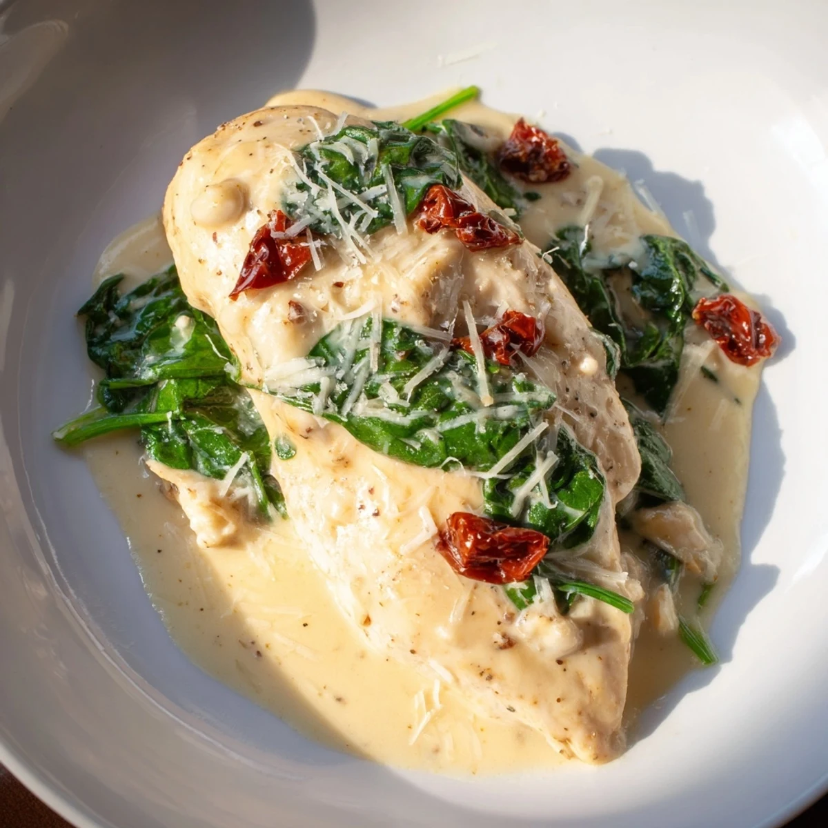 Golden-brown chicken breasts simmered in creamy garlic sauce with wilted spinach and tangy sundried tomatoes.