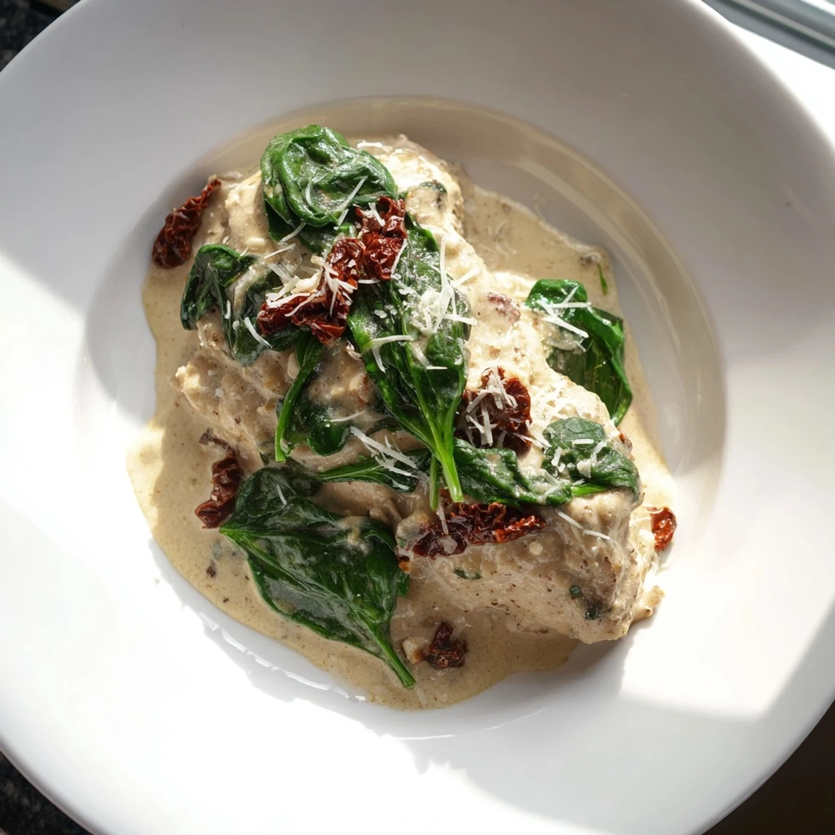 Creamy Garlic Chicken with Spinach and Sundried Tomatoes served hot from the skillet, garnished with fresh basil.
