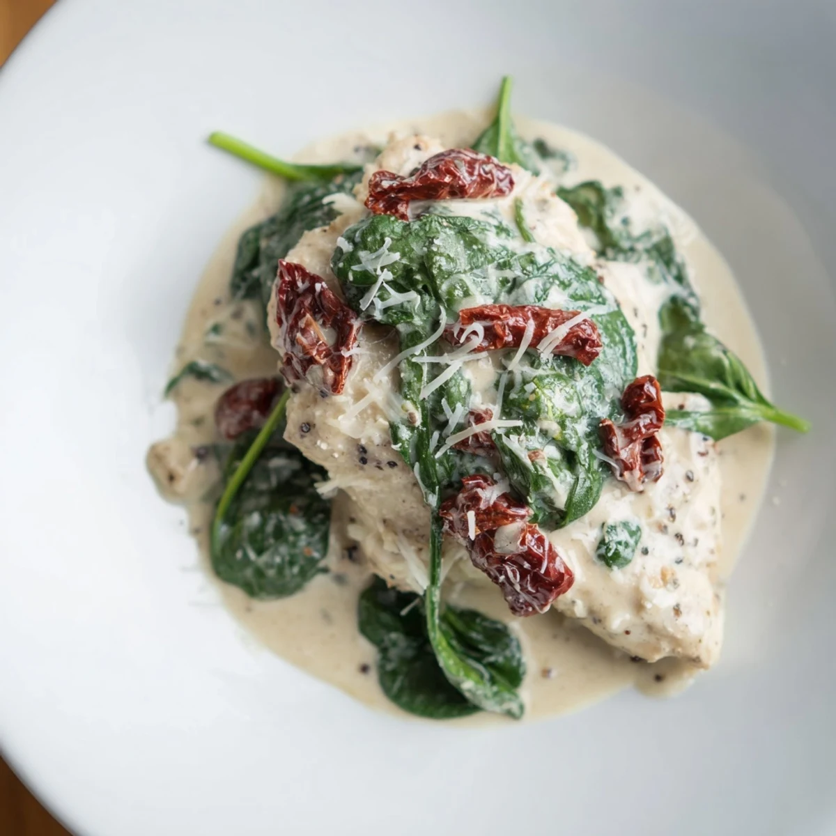 Restaurant-quality Creamy Garlic Chicken with Spinach and Sundried Tomatoes plated alongside pasta to soak up the rich sauce.