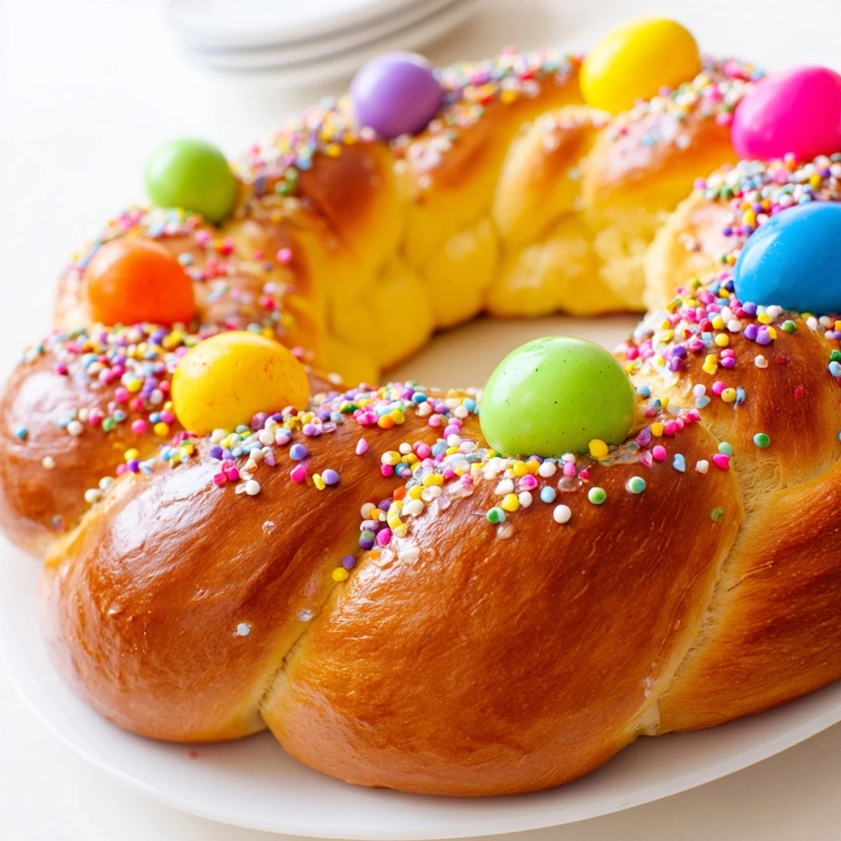 A freshly baked Easter Bread with Colored Eggs, showcasing golden, sweet braided dough studded with vibrant, pastel-dyed eggs for a festive spring centerpiece.