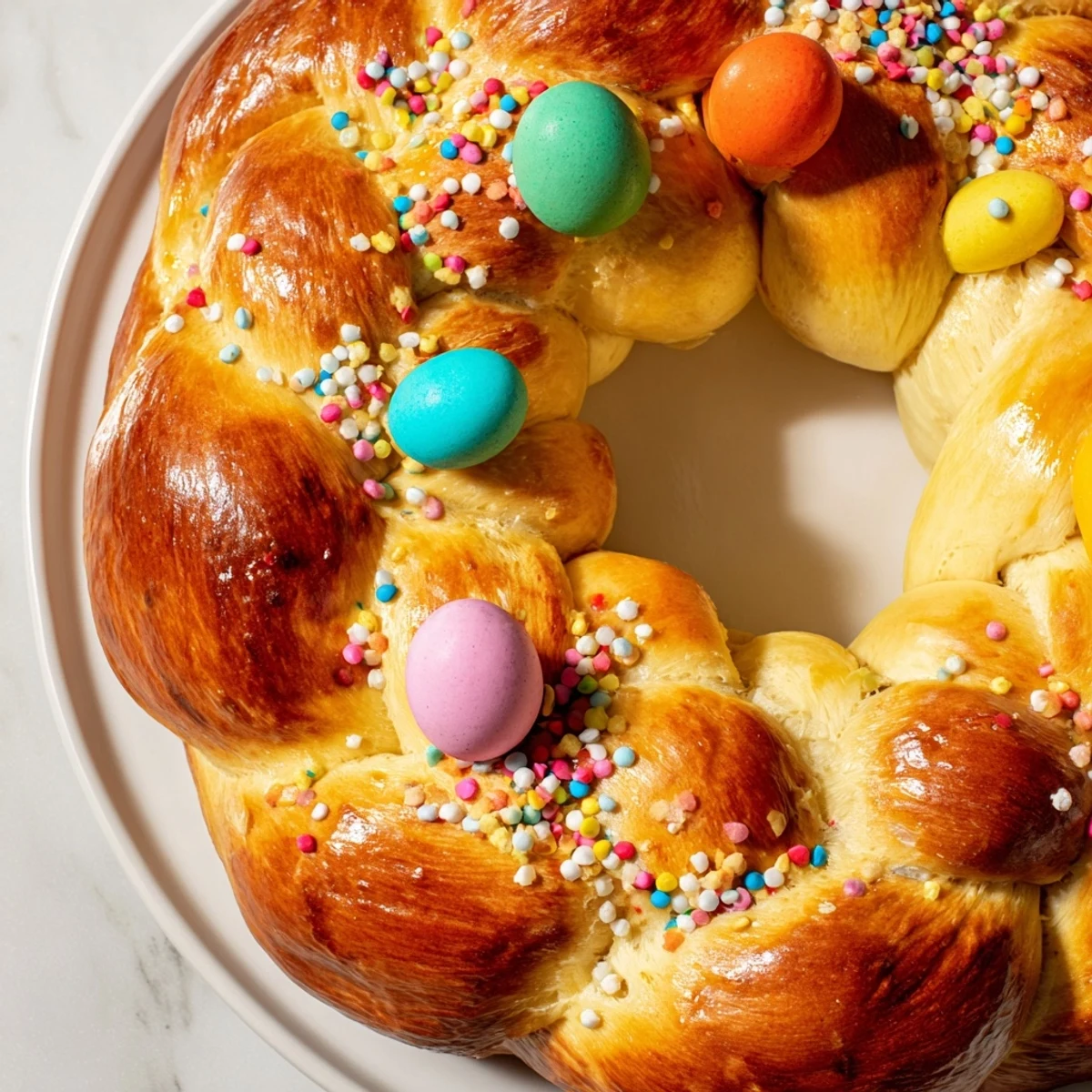 Sliced pieces of tender Easter Bread with Colored Eggs reveal a soft, fluffy crumb, perfect for serving alongside butter, jam, or a drizzle of honey.