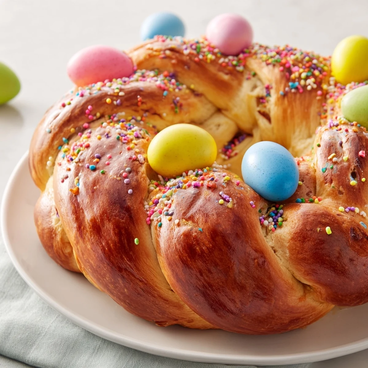 A close-up of the braided Easter Bread with Colored Eggs highlights the glossy egg wash and colorful sprinkles, emphasizing its decorative, celebratory texture.