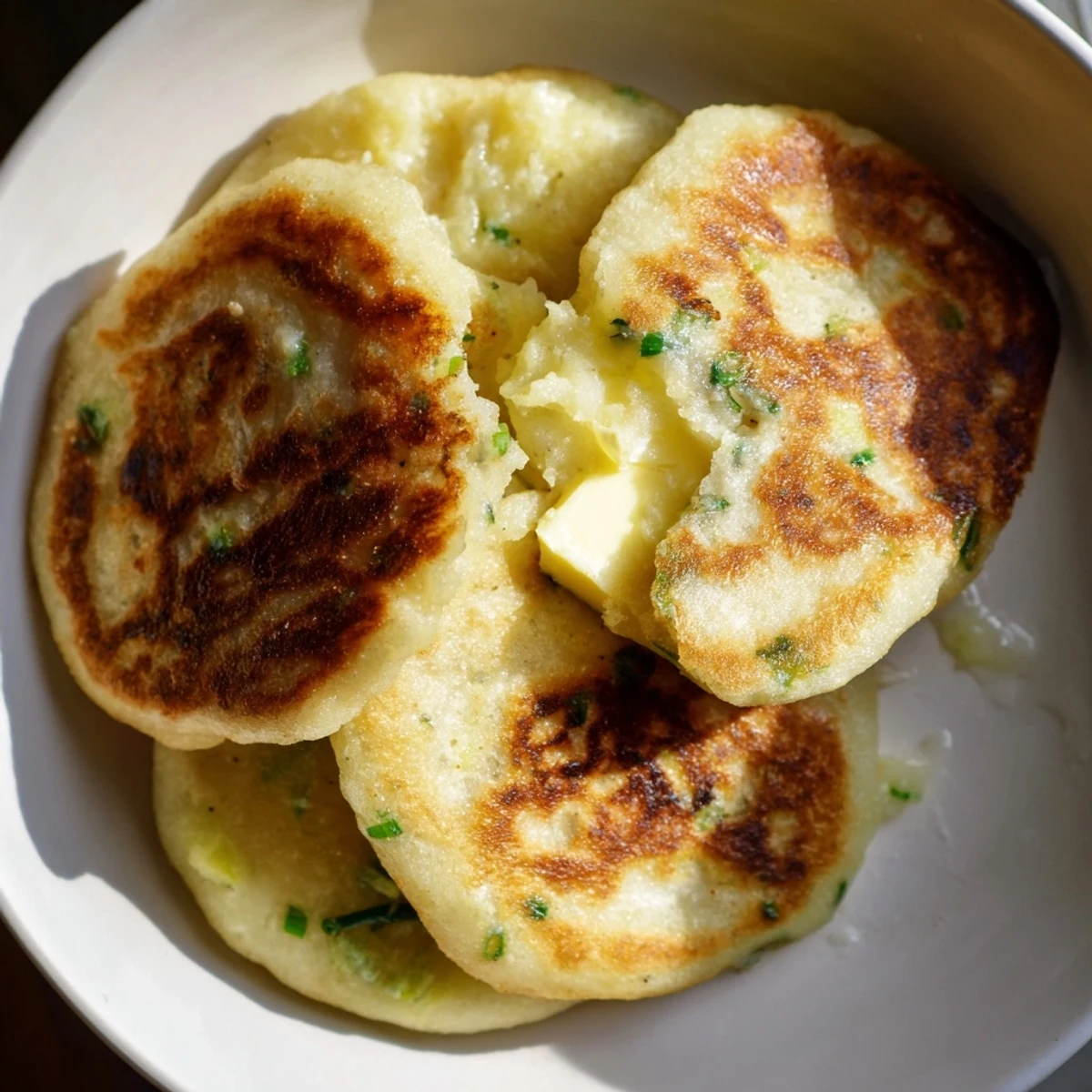 Golden-brown Irish Potato Bread Farls, pan-fried and served warm with melting butter on a rustic wooden table.