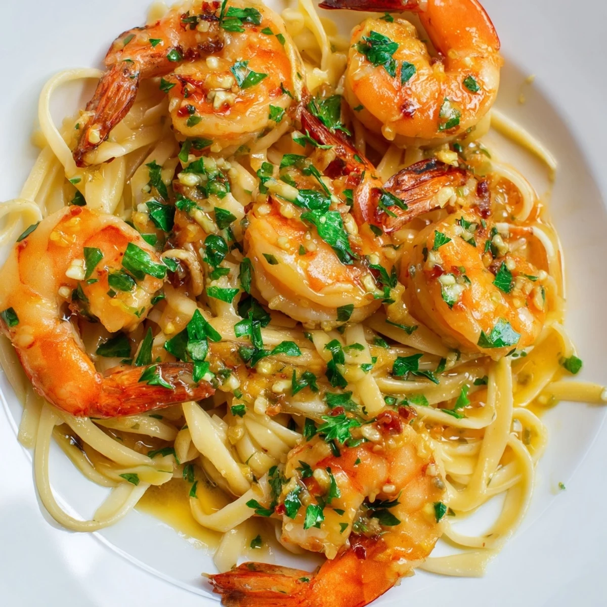 A close-up of Lemon Garlic Butter Shrimp with Pasta, garnished with fresh parsley and lemon wedges for a bright finish.