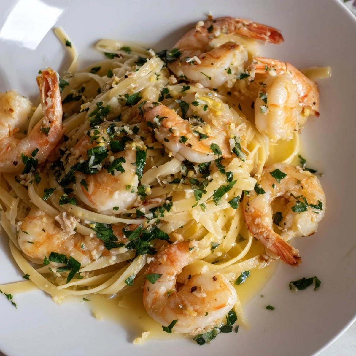 Plump, pink shrimp and golden al dente spaghetti coated in a glistening lemon garlic butter sauce, ready to serve.