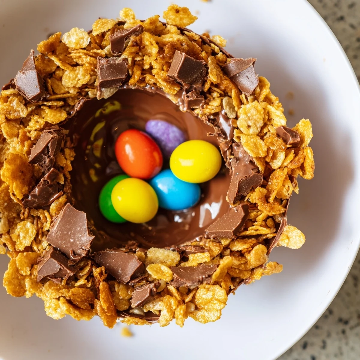 Chocolate Easter egg nests sit in muffin tin liners, showcasing glossy melted chocolate and crunchy cornflake texture.  