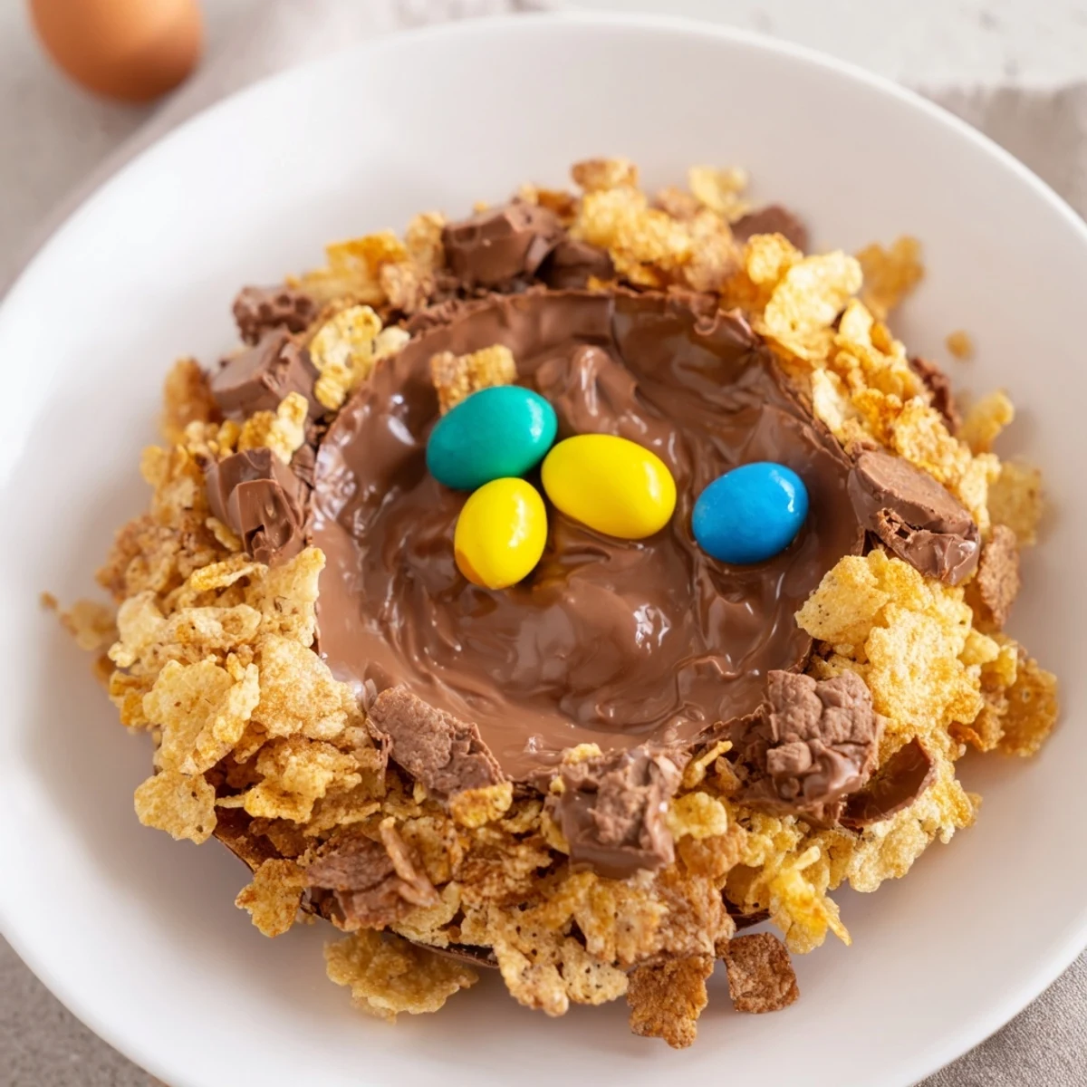 Sweet chocolate Easter egg nests with pastel candy eggs, perfect no-bake treats for an Easter party spread.