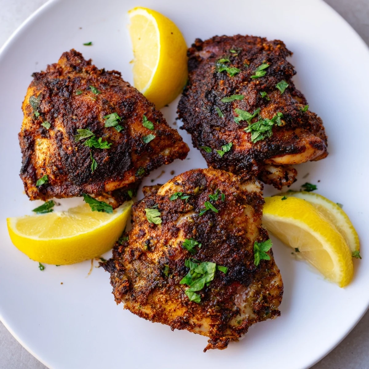 Sizzling Cajun Spiced Grilled Chicken Thighs fresh off the grill, displaying smoky char marks and juicy texture.  
