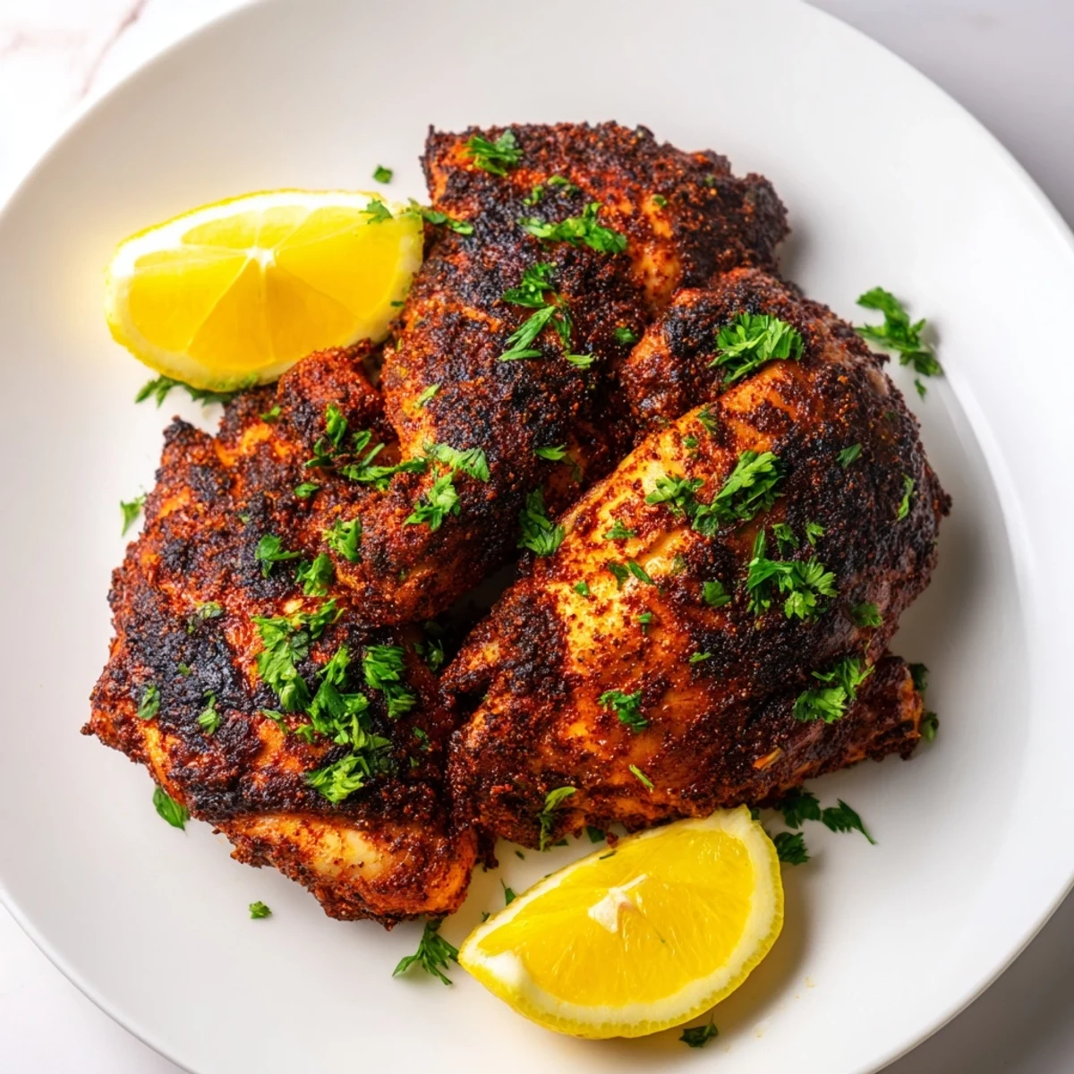 Golden-brown Cajun Spiced Grilled Chicken Thighs served on a plate, garnished with fresh parsley and lemon wedges.  
