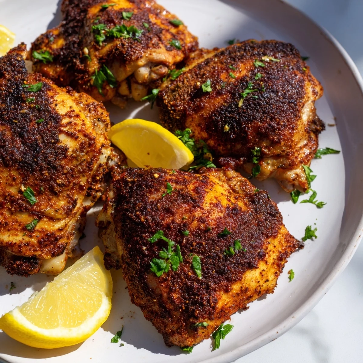 Savory Cajun Spiced Grilled Chicken Thighs sliced to reveal tender interior, ready for a weeknight meal or barbecue.