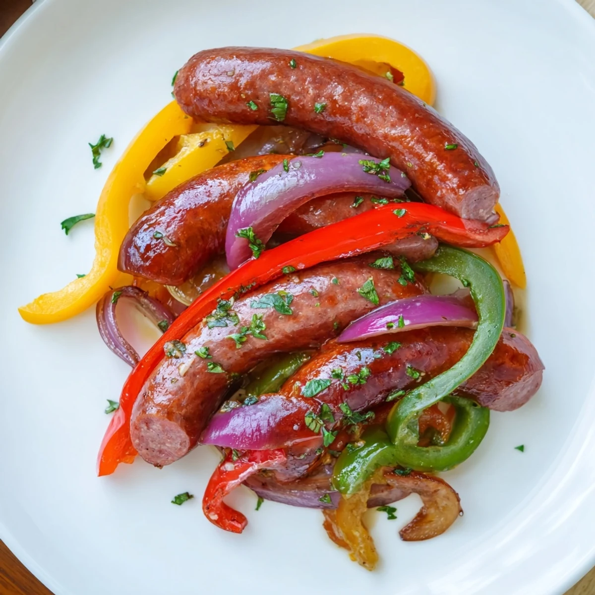 Aerial view of a rustic cast-iron skillet filled with a hearty Beef Sausage and Pepper Skillet, garnished with fresh parsley and ready to be scooped onto a plate.