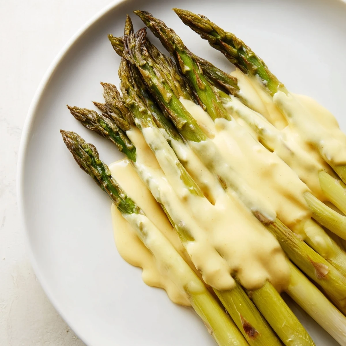 Golden roasted asparagus spears drizzled with creamy homemade Hollandaise sauce, garnished with fresh lemon zest.