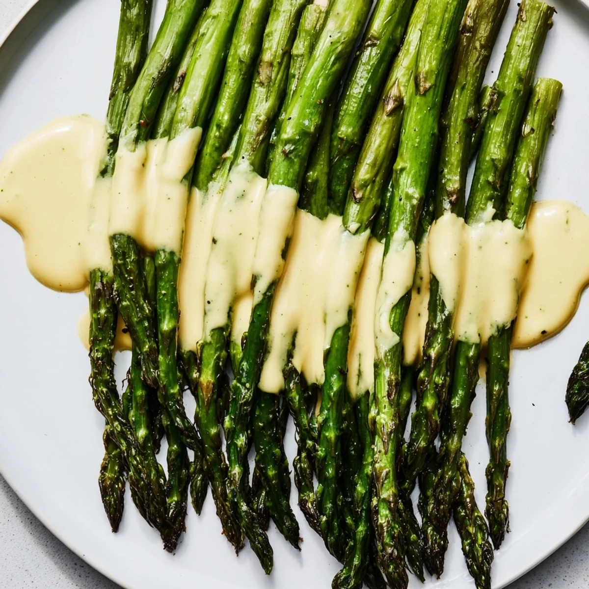 Bright green Roasted Asparagus with Hollandaise Sauce on a rustic platter, perfect for a spring side dish.