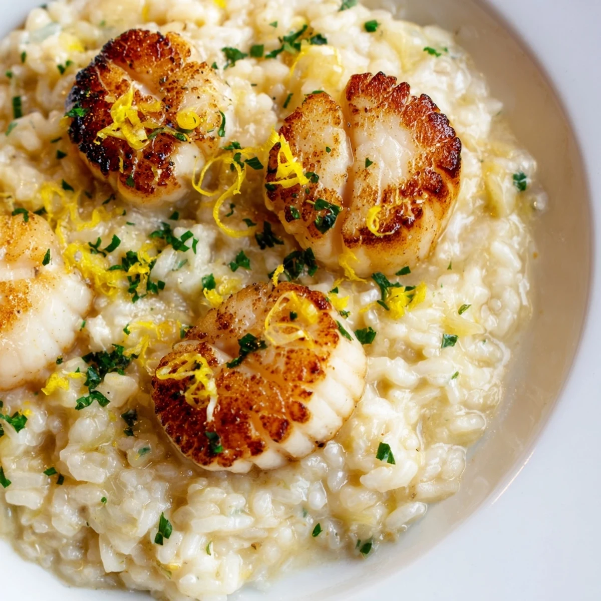 A close-up of juicy scallops paired with velvety risotto, ready to serve for a restaurant-quality dinner.