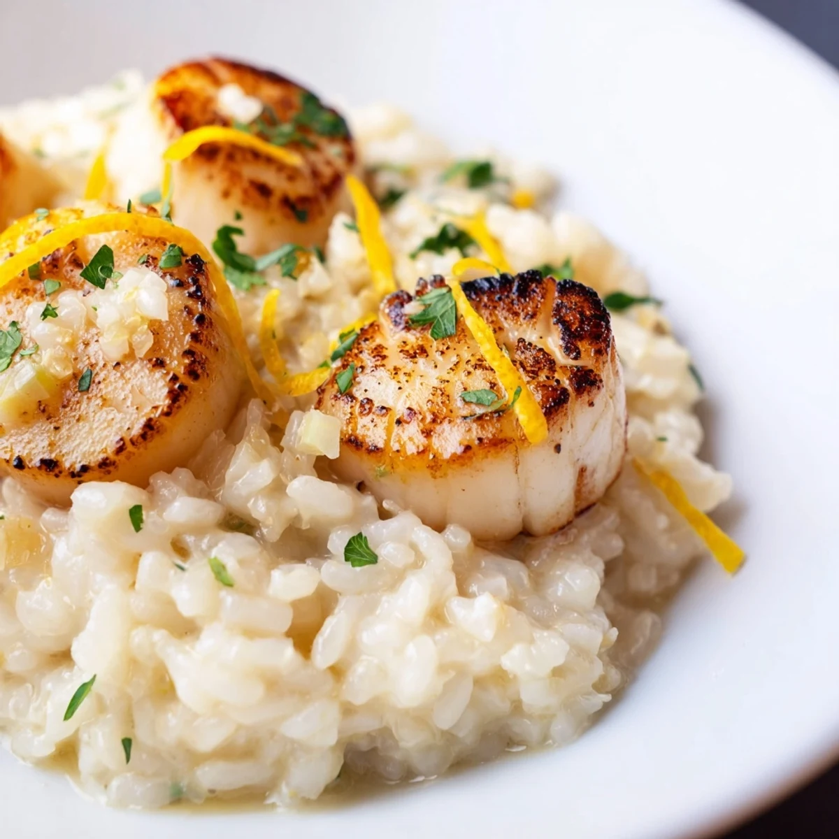 Fresh lemon zest and parsley garnish these tender scallops with risotto, creating an elegant Italian main dish.