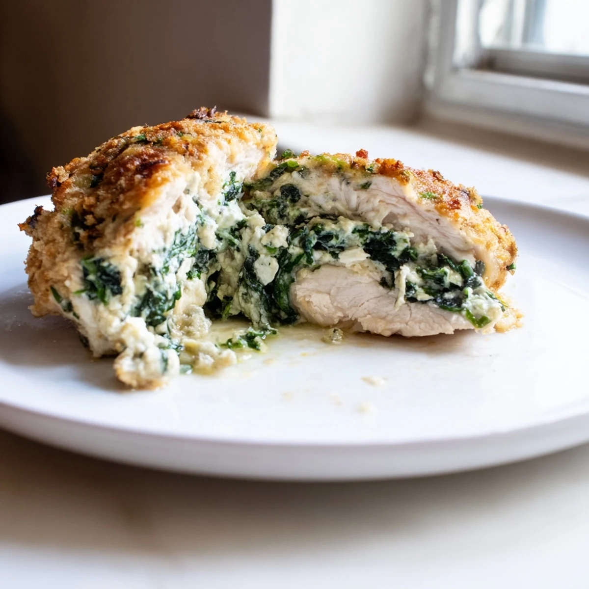 Golden-baked Spinach and Feta Stuffed Chicken Breast served on a white plate with fresh herbs garnish