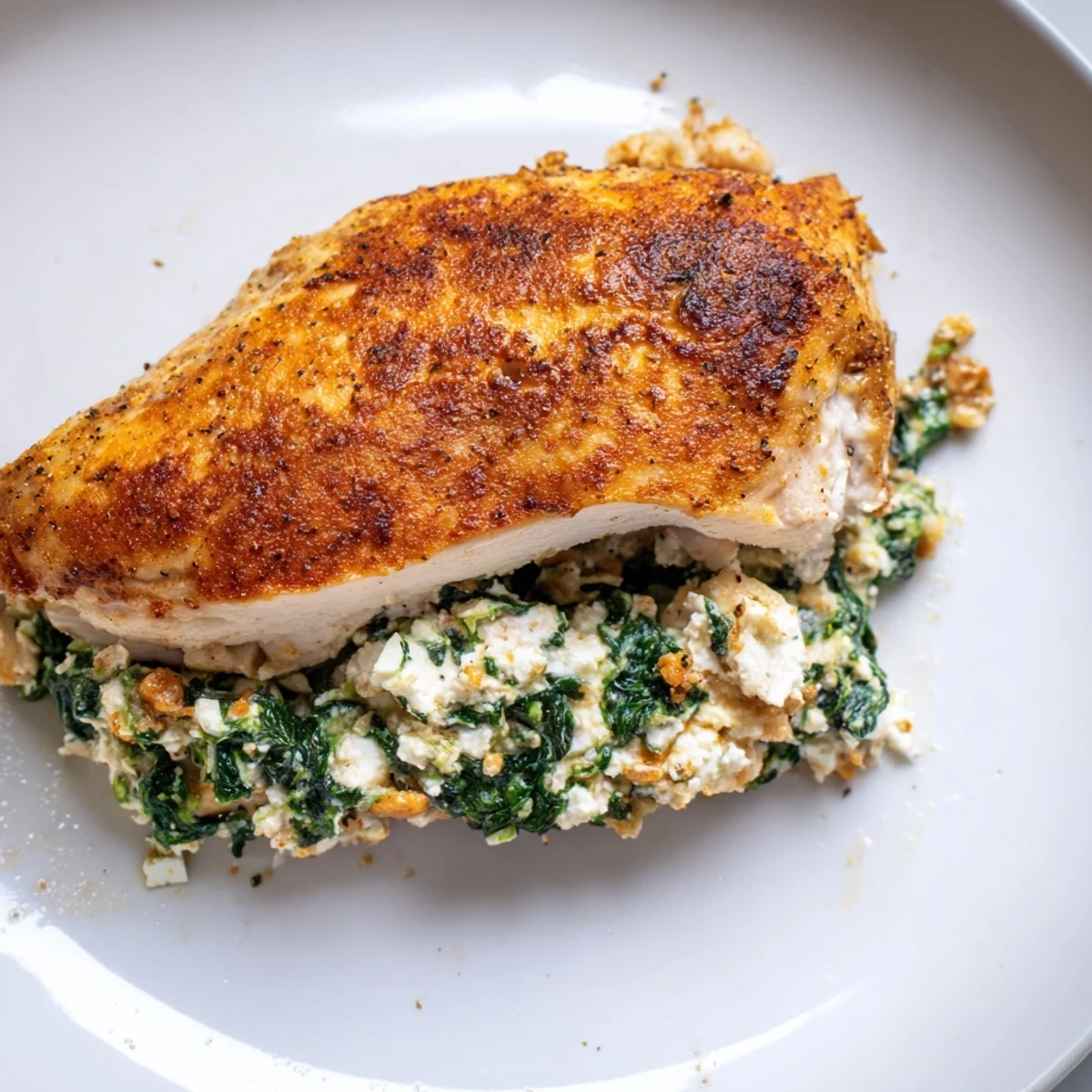 Overhead view of Spinach and Feta Stuffed Chicken Breast next to roasted vegetables and a glass of wine