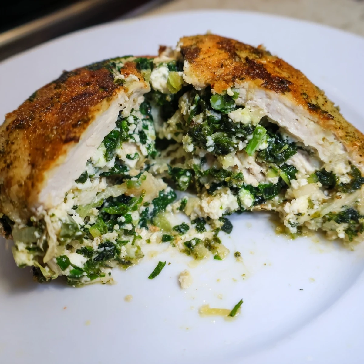 Spinach and Feta Stuffed Chicken Breast sliced open revealing the creamy green filling and juicy interior