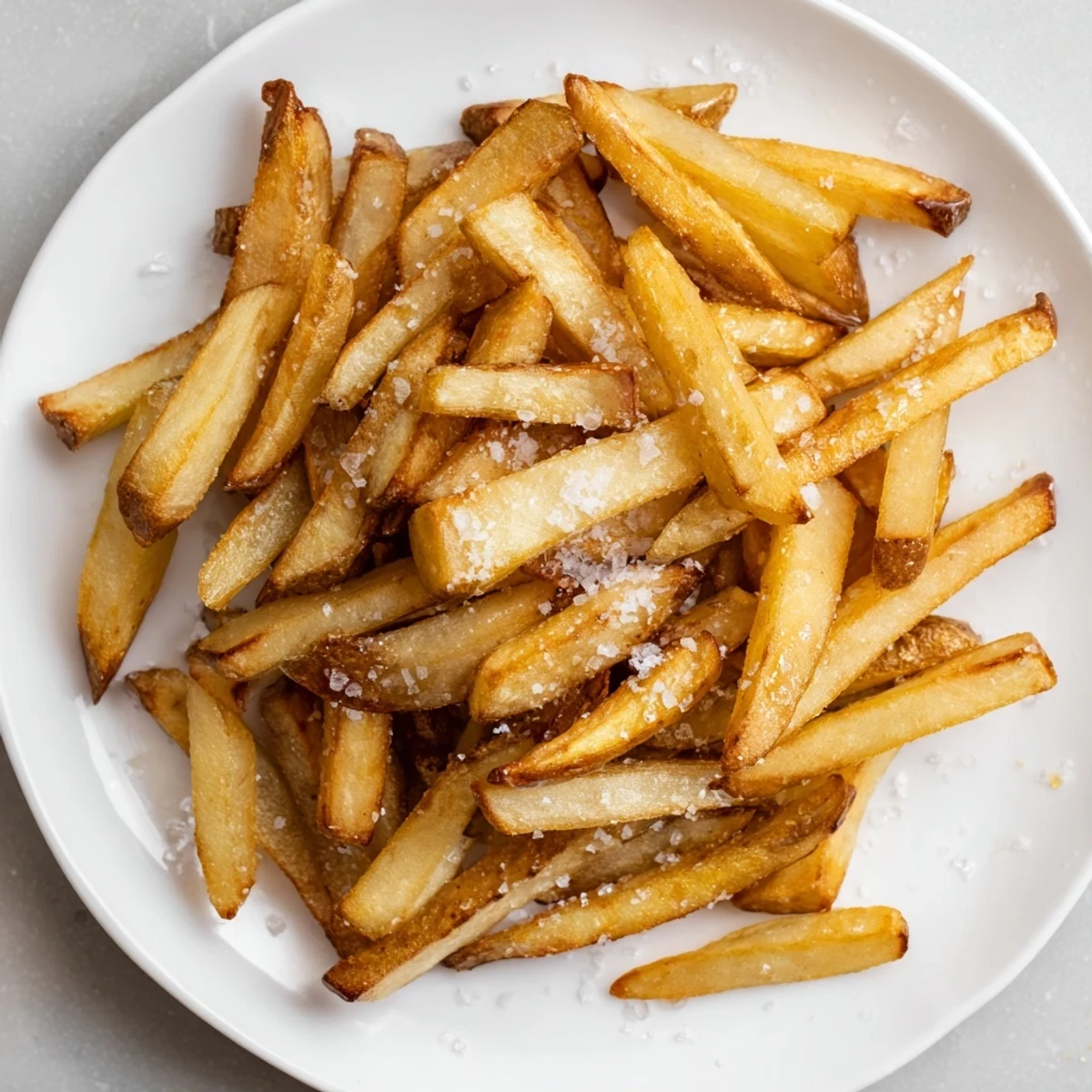 Russet potatoes turned into golden Crispy Air Fryer French Fries with Sea Salt, arranged in a neat pile.