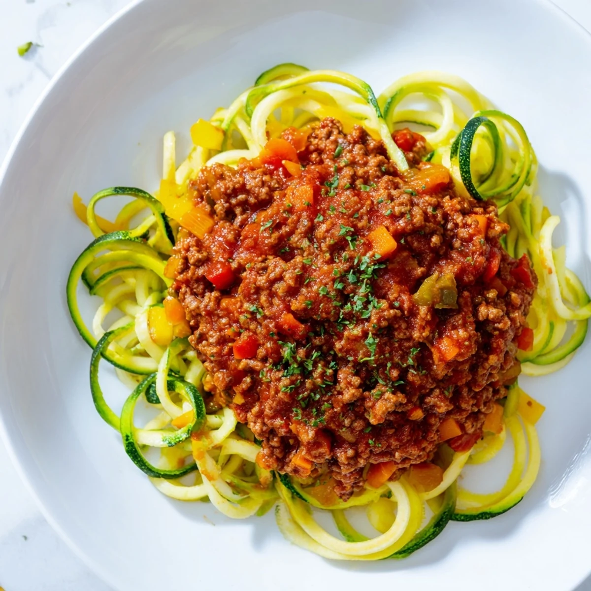Steaming turkey Bolognese sauce with zucchini noodles served in a white bowl topped with fresh parsley.