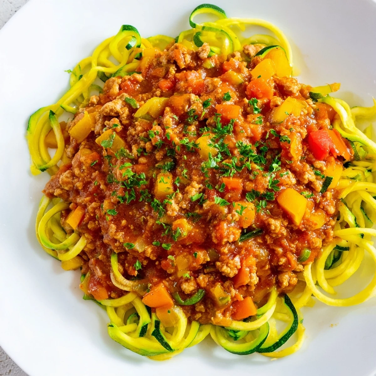 Close-up of savory turkey Bolognese sauce over green zucchini noodles on a rustic wooden table.