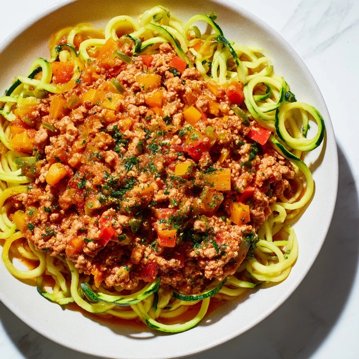 A colorful Italian main dish of low-carb turkey Bolognese and zucchini noodles garnished with fresh herbs.