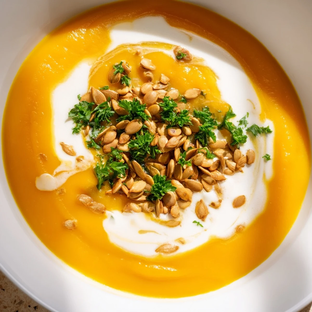 A close-up of Creamy Pumpkin Soup with Toasted Seeds, smooth and velvety, topped with crunchy toasted pumpkin seeds for texture.