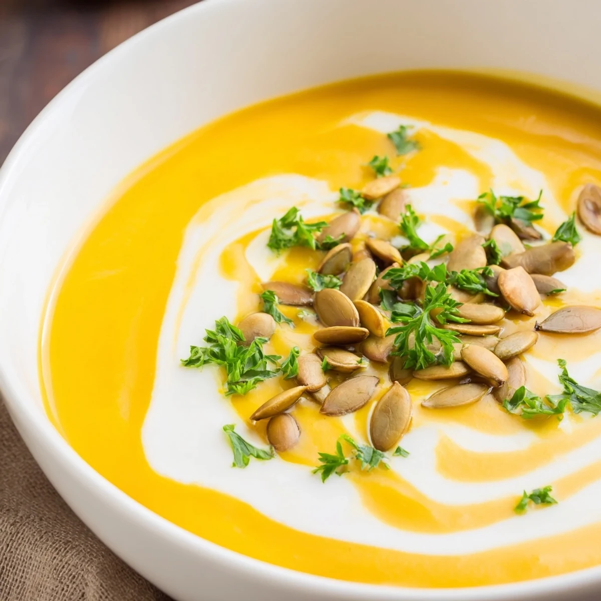 Creamy Pumpkin Soup with Toasted Seeds steaming in a rustic bowl, garnished with fresh parsley and seeds for a cozy autumn meal.