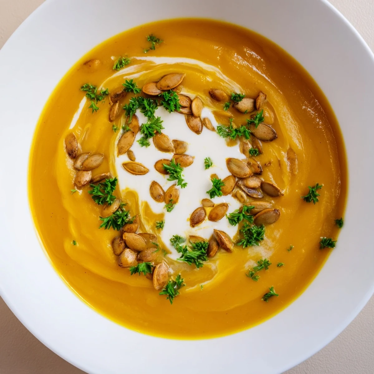 Serving bowl of Creamy Pumpkin Soup with Toasted Seeds beside crusty bread, perfect for a comforting vegetarian dinner.