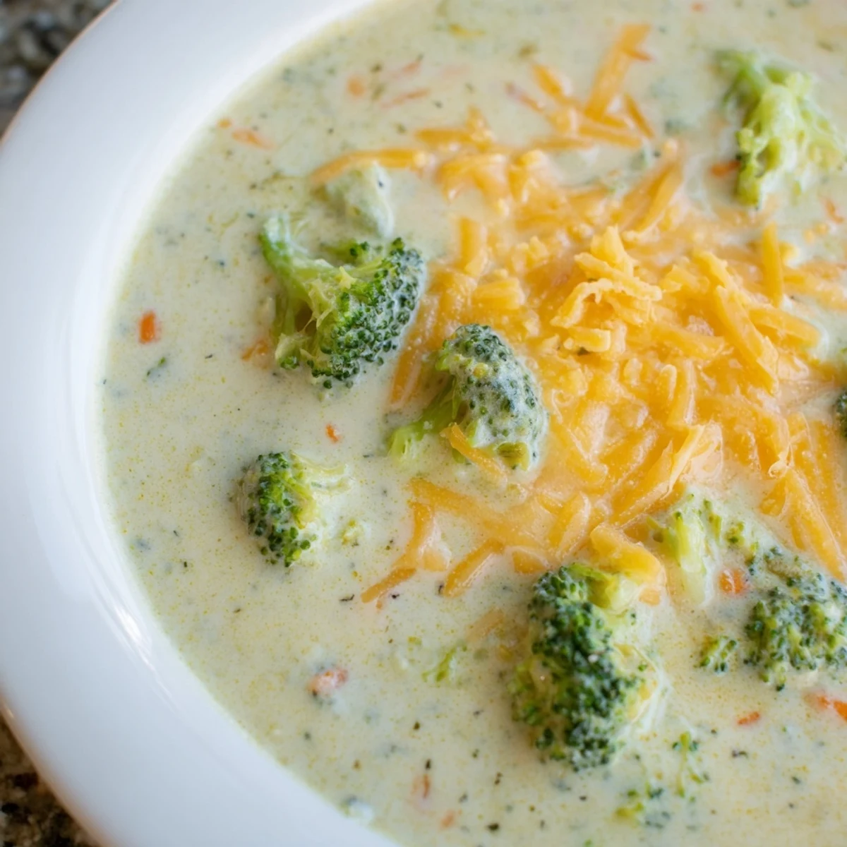 A warm bowl of Creamy Broccoli Cheddar Soup showcases tender broccoli florets and melted sharp cheddar in a velvety texture.