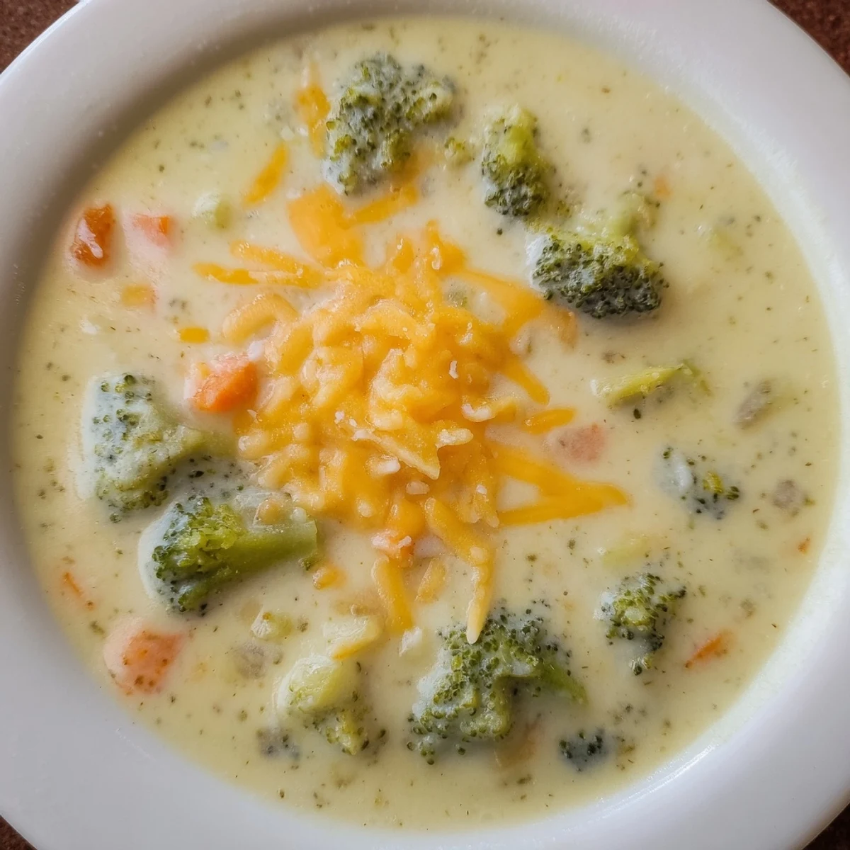 In this comforting Creamy Broccoli Cheddar Soup, the bright green broccoli contrasts beautifully with rich, gooey cheese garnish.